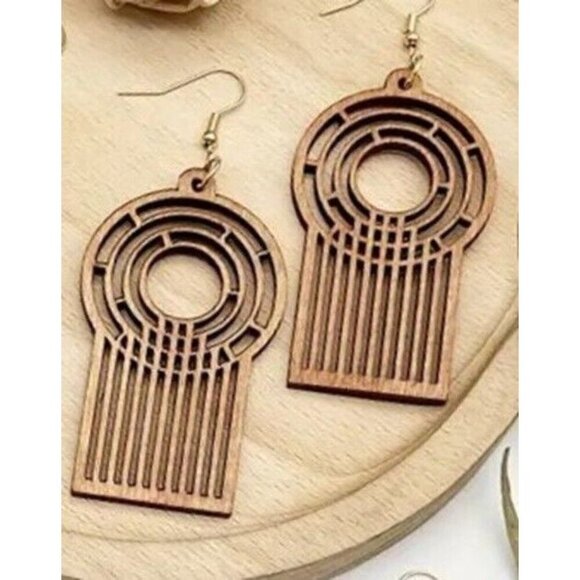WOOD Sun/Rain Drop Earrings Tribal Unique Artistic LIGHTWEIGHT Dangle Jewelry - Picture 1 of 4